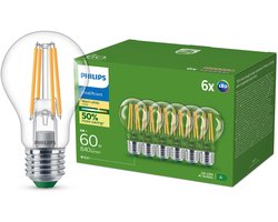 Philips UltraEfficient LED lamp Transparant - 60W - E27 fitting - Warmwit licht; 2700K - Ultra Efficiënt: Energielabel A - 6-pack