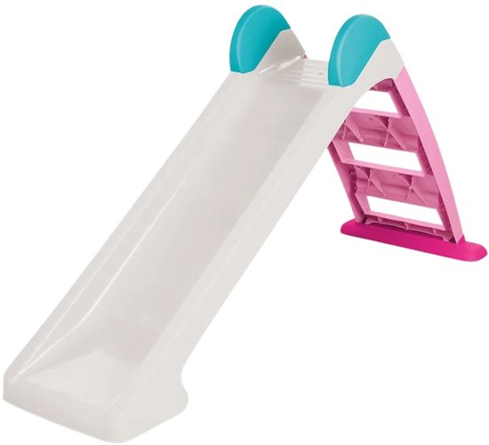 Roze en witte DOLU water glijbaan met blauwe handgrepen, afmetingen 122.5 x 45 x 73.5 cm.