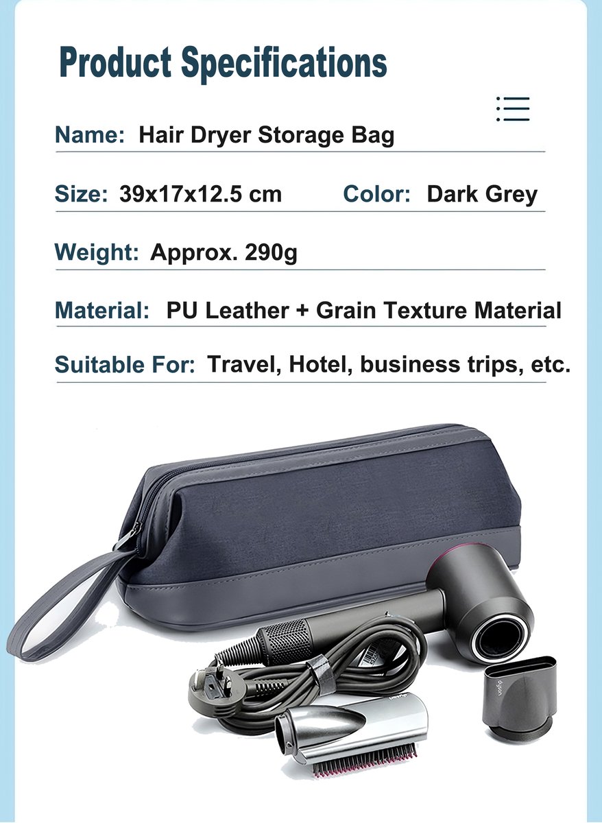 Rainbecom - Opbergtas voor Dyson Airwrap Haarstyler - 39x17x12.5 cm - Reisetui Supersonic - PU Leer & Fluweel - Waterdicht - Krasbestendig - Reistas voor Haarstylingtools – Donkergrijs - Föhn, Haardroger, Föhnborstel, Krultang & Stijltang thumbnail 7