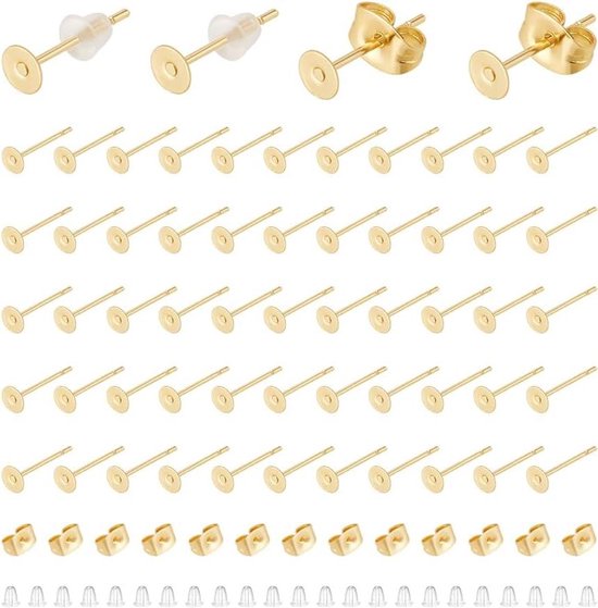 Beebeecraft 32 Stuks Ronde Oorbel-posten – Echt 18K Verguld Messing – Met 40 Plastic Oormoeren – Gehamerde Textuur – Voor DIY Sieraden Maken
