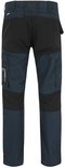 Achterkant van een donkerblauwe en zwarte werkbroek met zakken.
