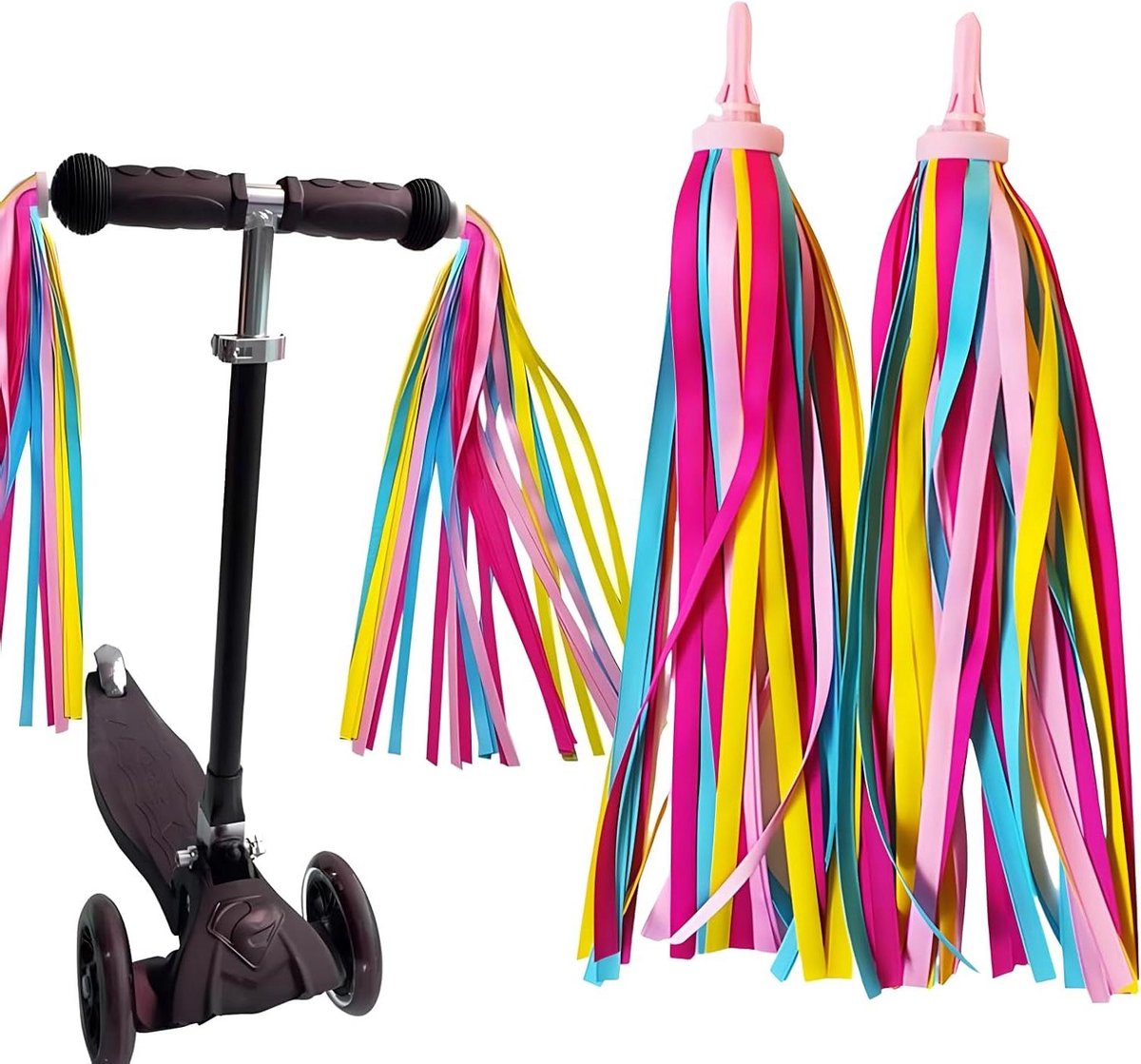 Allecto Plus - Kinderfiets Decoratie: Regenboog Handvatsels voor Stuur - Set van 2 Stuurborstels - Kleurrijke Stuurslingers voor Fiets - Stuurlint Decoratie.
