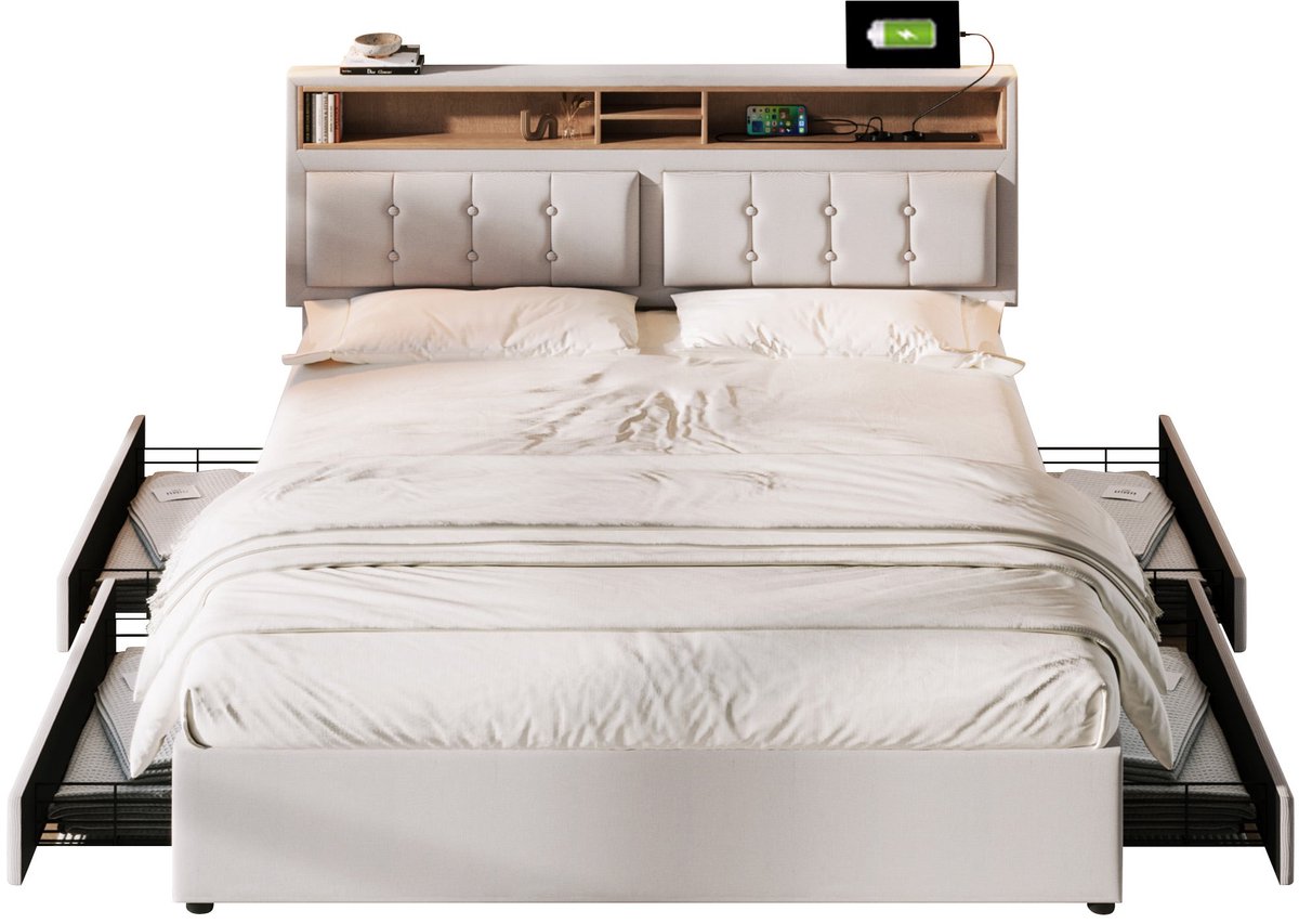 Merax Gestoffeerd Tweepersoonsbed 140x200 cm met Verstelbaar Hoofdbord en LED Verlichting - Bed met met 4 Lades en USB-C Aansluitingen - Beige Linnen