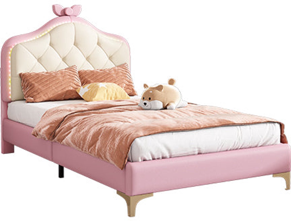 Merax Gestoffeerd Bed 90x200 cm met Wellenvormig Hoofdbord en LED-Verlichting - Kinderbed met Meerkleurige LED Lichtstrepen en Rosa Strik - PU Kunstleer - Wit/Roze
