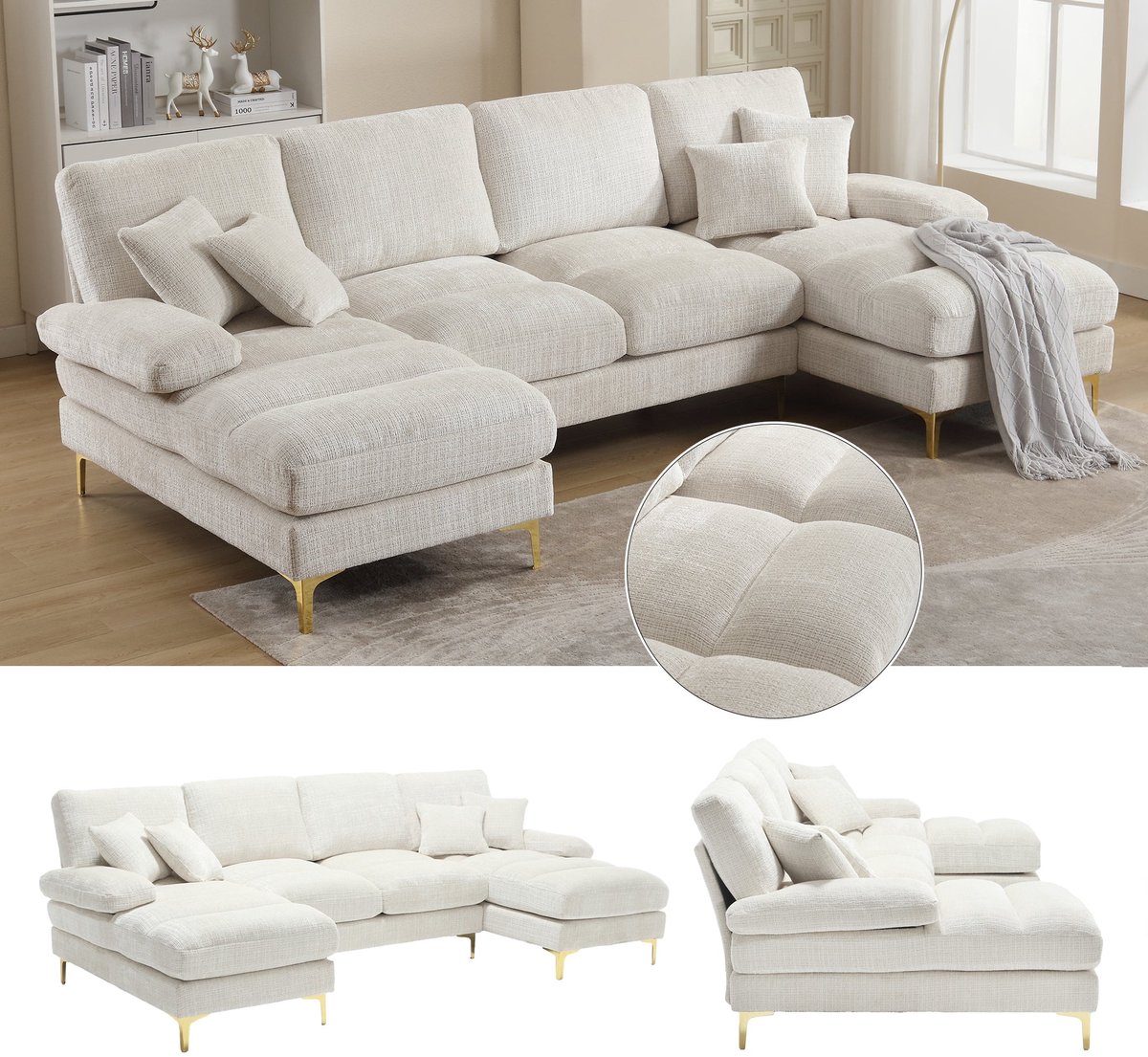 Merax 4-zits Bankstel met Chaise Lounge - Moderne U Zitbank voor 4 Personen - Bank Chenille Gestoffeerd - Beige