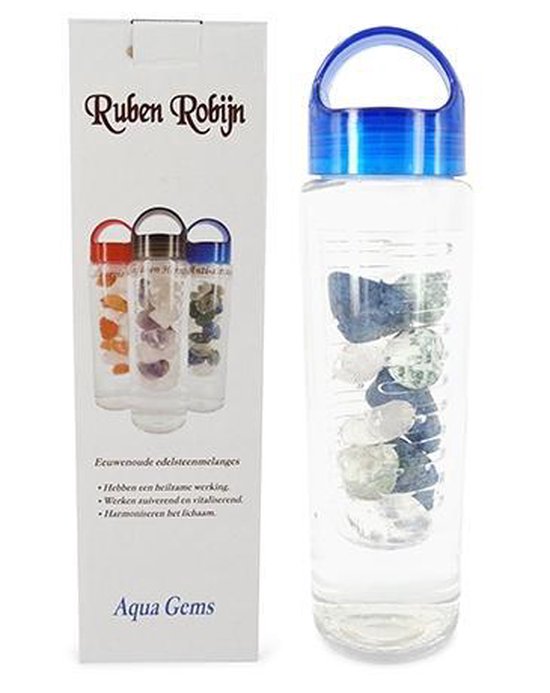 Ruben Robijn Aqua Gems drinkfles met blauwe dop en een doos. De doos toont drie flessen met verschillende edelstenen.
