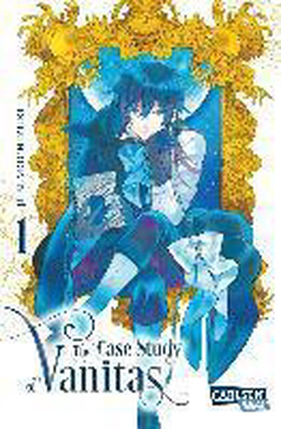 The Case Study of Vanitas 01, met een anime-personage in blauwe kleding, zittend, met een boek.