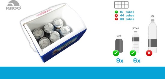 Open witte koelbox met blauwe rand, gevuld met blikjes en ijs. Illustratie toont capaciteit.