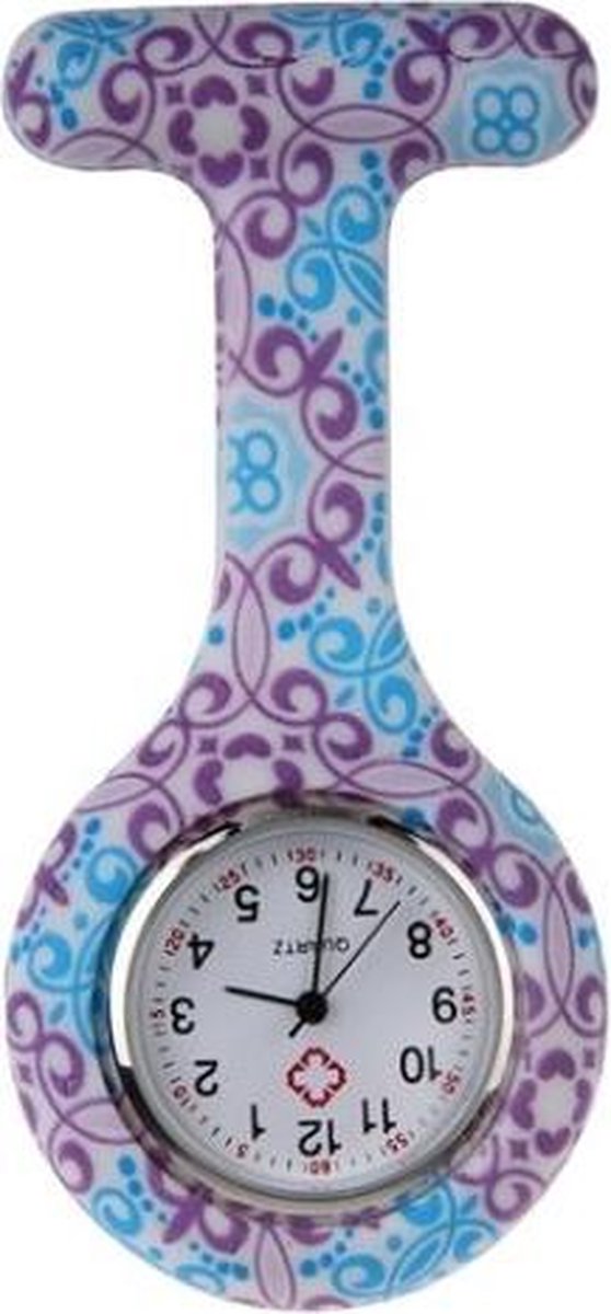 Fako® - Verpleegstershorloge - Zusterhorloge - Verpleegster Horloge - Siliconen RVS Print - Bloemen Paars-Blauw