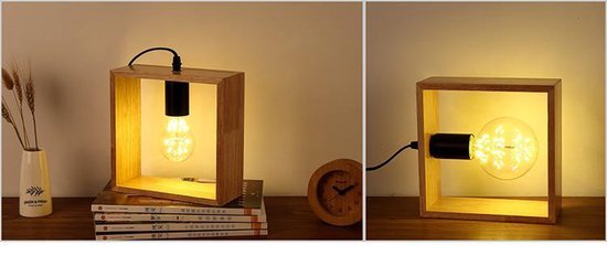 Edison kooldraad LAMPHOUDER HOUT vintage retro gloeilamp, filament antiek bulb, E 27 TAFELLAMP HOUT VIERKANT