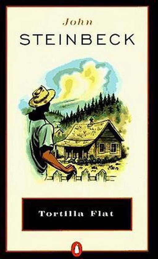 Couverture de livre "John Steinbeck Tortilla Flat" avec une illustration d'un homme portant un chapeau près d'une maison.