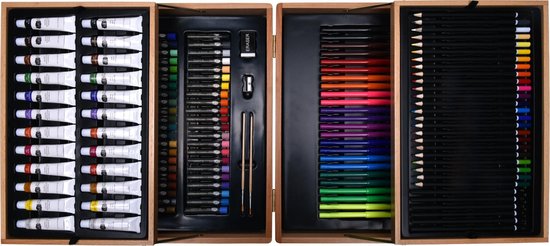 Mont Marte Schilderset Deluxe – 174-delig – Hoogwaardige Verfkoffer gemaakt van hout met essentiële Verfmedia – Acryl, Aquarel, Olie, Pastelkleuren, Pennen, Penselen en nog veel meer