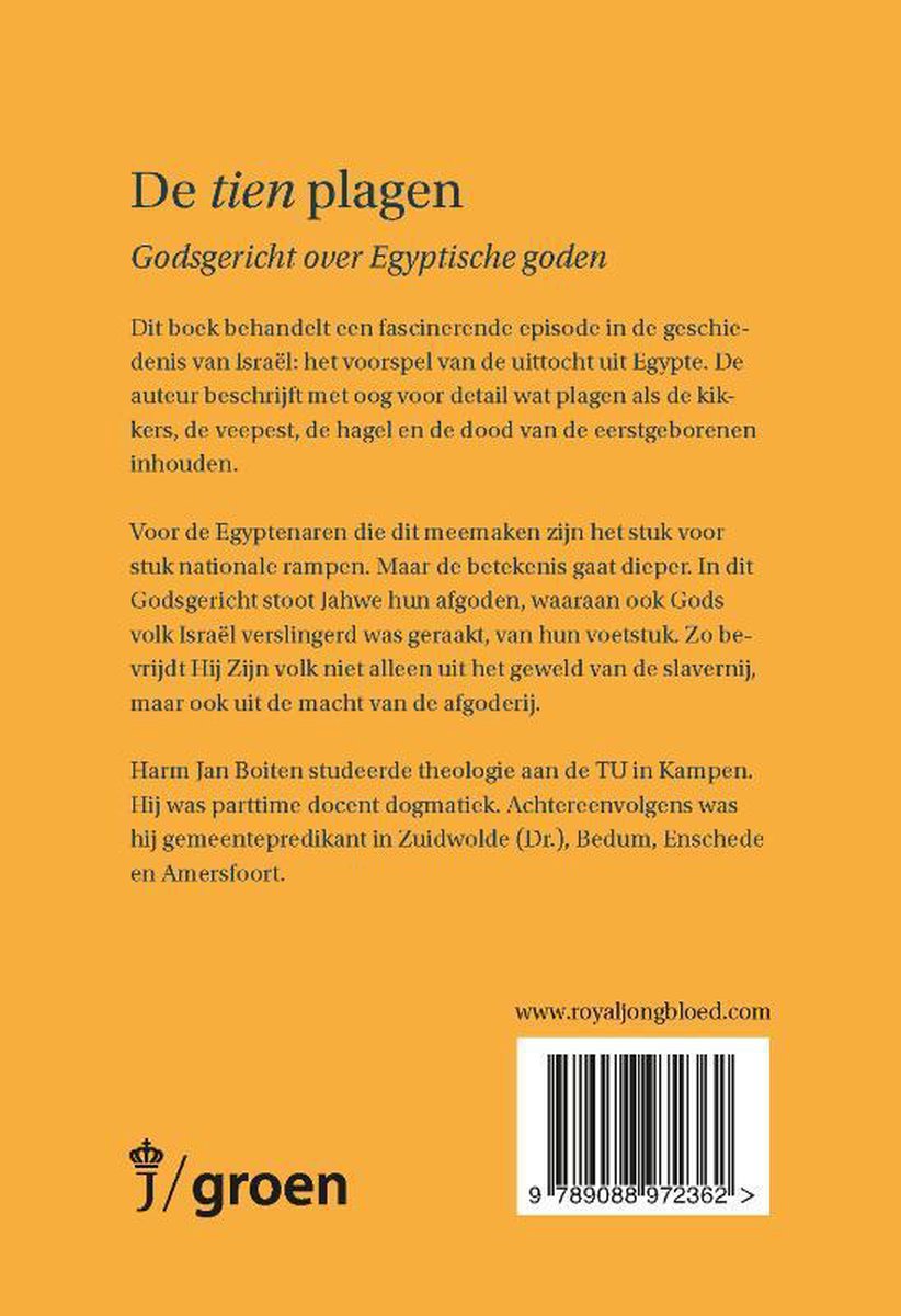Boek "De tien plagen Godsgericht over Egyptische goden" met tekst en streepjescode op een gele achtergrond.