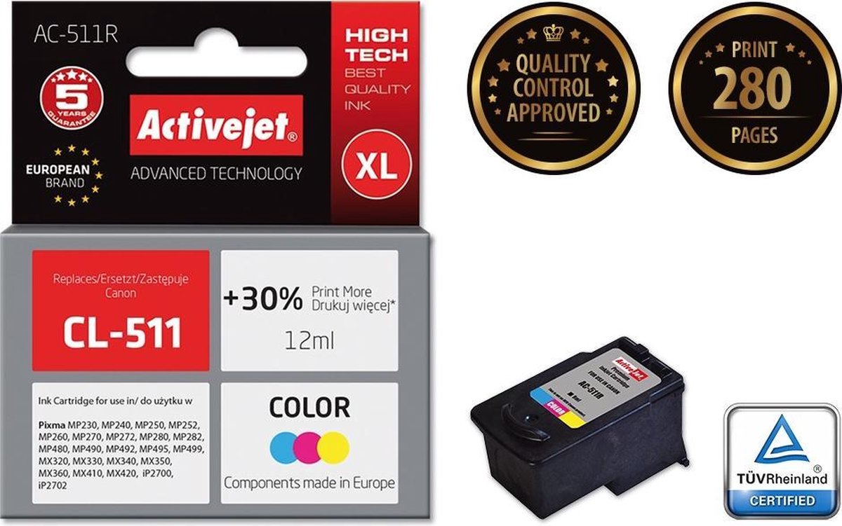 ActiveJet AC-511R-inkt voor Canon-printer; Canon CL-511 vervanging; Premie; 12 ml; kleur.