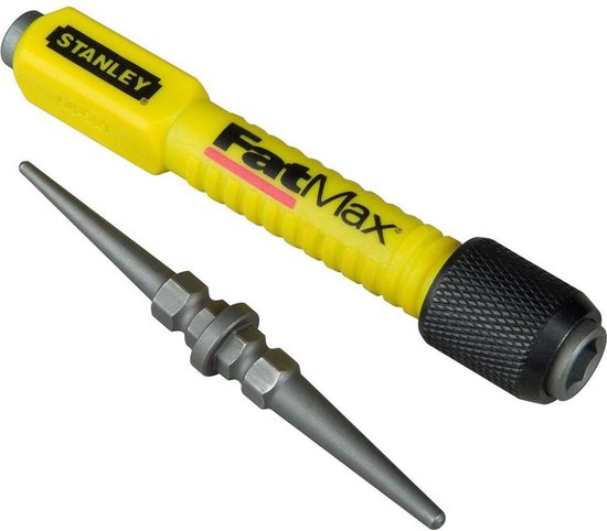 Gele Stanley FatMax automatische drevel met losse, dubbelzijdige punt met zeskantuiteinden.