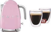 Smeg KLF03PKEU - waterkoker - Roze + Maxxo dubbelwandige glazen - 2 stuks