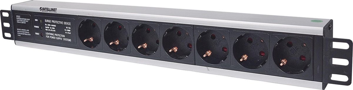 Intellinet 714006 19 inch Stekkerdoos voor patchkast 1.5 HE Geaarde contactdoos Overspanningsbescherming Zwart