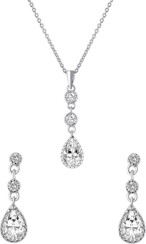 Zilveren set ketting&oorbellen druppel zirkonia