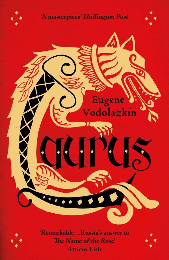 Boekomslag van 'Laurus' door Eugene Vodolazkin, met een rood-gouden afbeelding van een gestileerde wolf.
