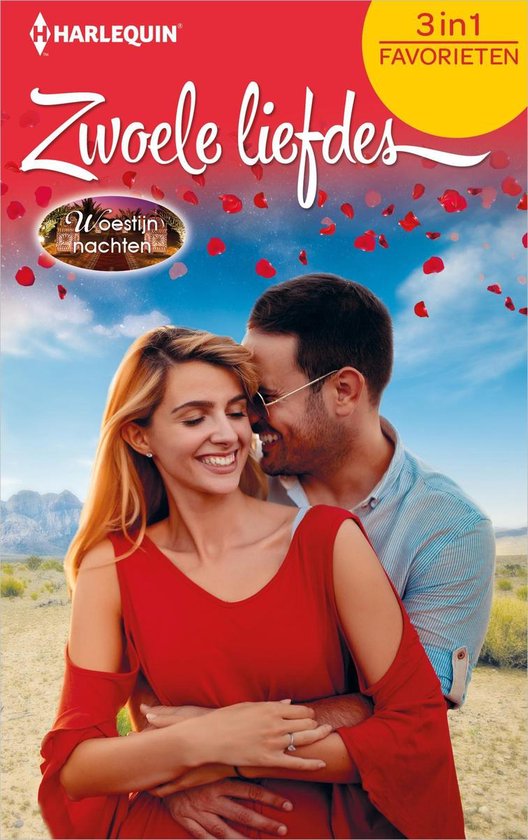 Een man en vrouw die elkaar liefdevol omhelzen. De titel 'Zwoele Liefdes' en 'Woestijnnachten' staat in sierlijke letters boven hen.