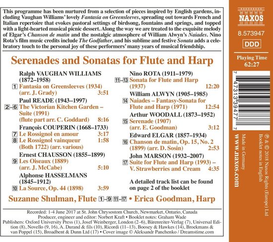 Achterkant CD: tracklist voor "Serenades and Sonatas for Flute and Harp" door Suzanne Shulman en Erica Goodman.