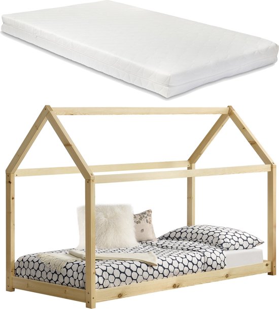Kinderbed houten bed huisbed 200x90 met matras - houtlook |