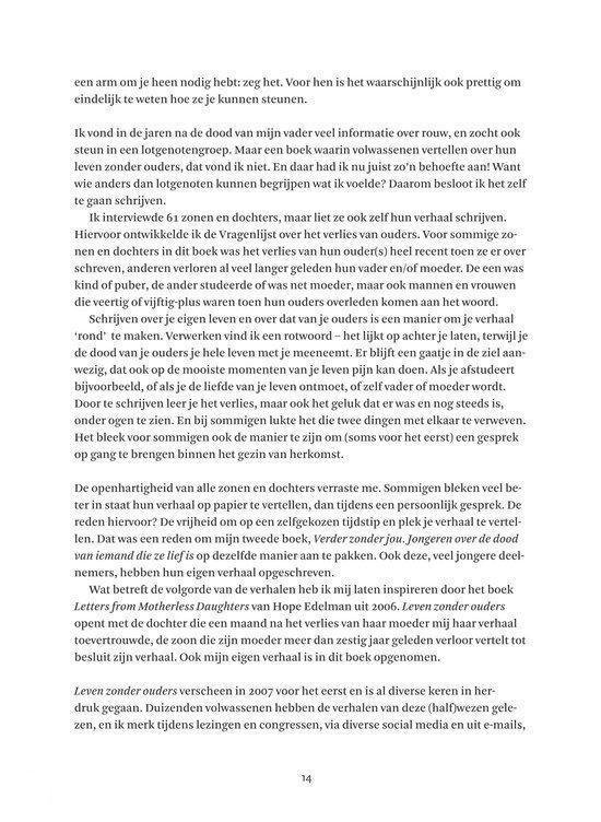 Pagina met tekst over het schrijven van verhalen over het verlies van ouders.