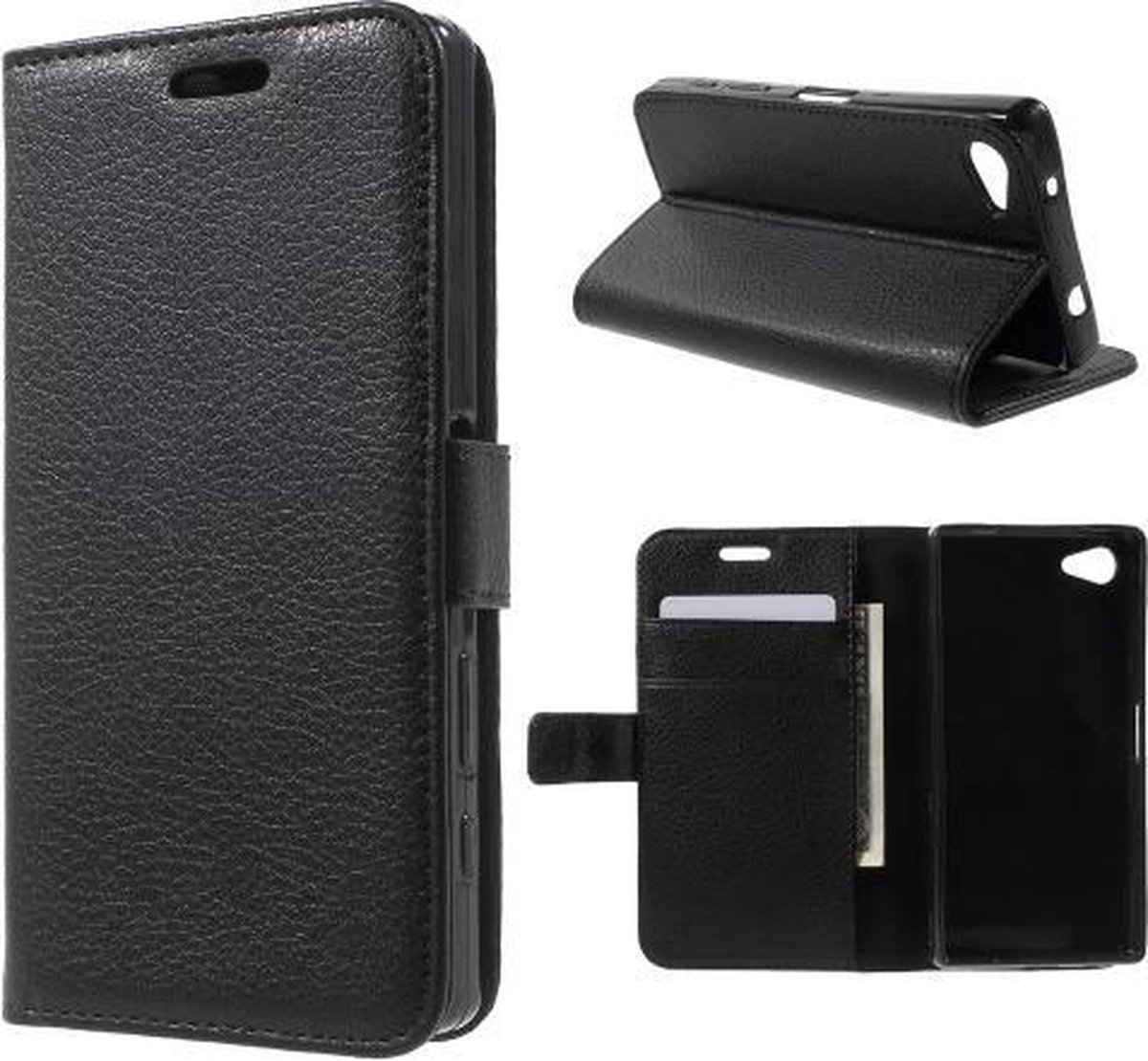 Litchi cover zwart wallet case hoesje Sony Xperia X Compact