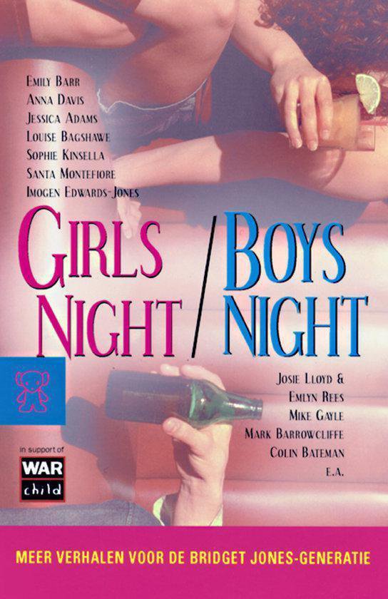 Boek kaft met de titel 'GIRLS / BOYS NIGHT / NIGHT'. Vier personen half zichtbaar, ondersteunend "WAR child".