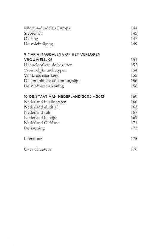 Inhoudsopgave met hoofdstuktitels zoals 'Midden-Aarde als Europa', 'Srebrenica', 'De ring' en 'De voleinding'.