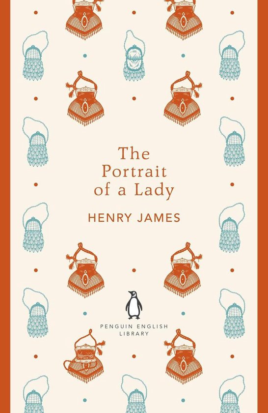 Boek kaft met patronen van oranje en lichtblauwe tasjes en stippen. Titel 'The Portrait of a Lady' en 'HENRY JAMES'.