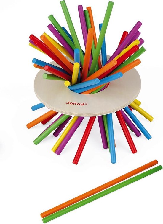 Kleurrijke stokjes spel "Crazy Sticks" met losse stokjes onderaan.