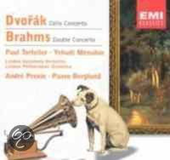 Cd-hoes met Dvořák en Brahms cello concerten, met een hond en een oude platenspeler.
