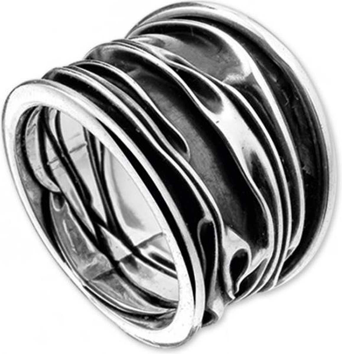Brede Damesring 925 Sterling Zilver –Maat 16 mm - Gelaagde Statement Ring met Golvend Design – Geoxideerde Zilveren Ring voor Dames