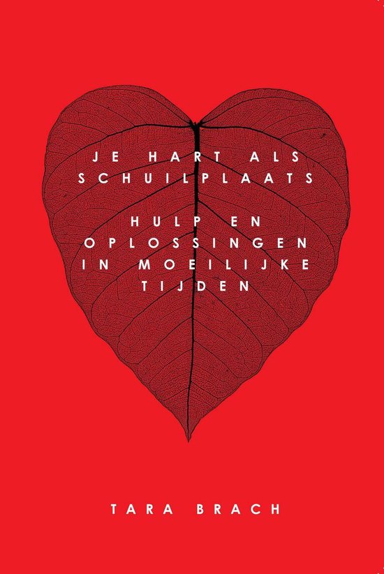 Boekomslag 'Je hart als schuilplaats' met een rode achtergrond en een grote rode hartvormige bladnerf met witte tekst.