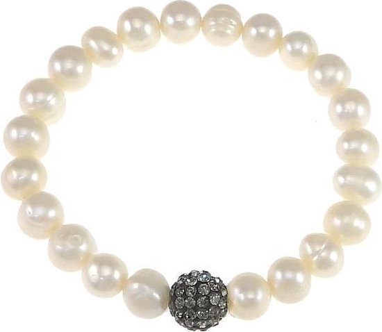 Zoetwaterparel armband Alexia - echte parels - wit - zwart - stras steen - glitter - elastisch