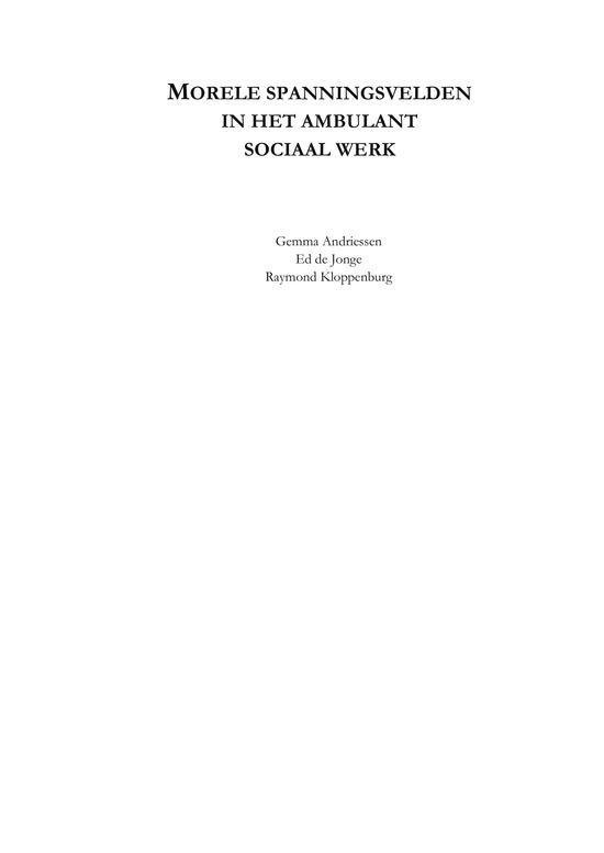 Titelpagina met "Morele spanningsvelden in het ambulant sociaal werk" en auteursnamen.