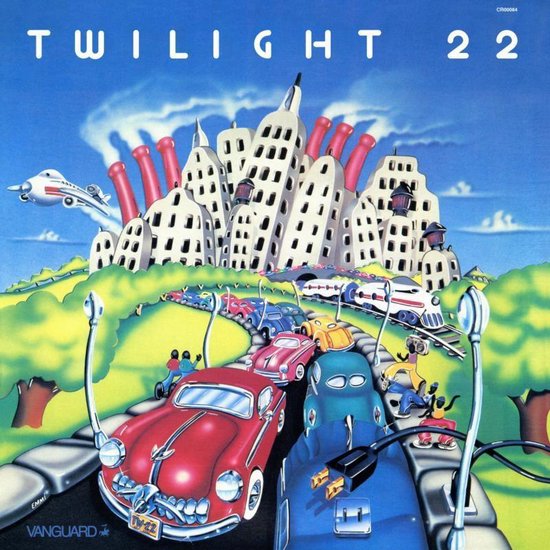 Hoes van "Twilight 22", een kleurrijke futuristische stad met auto's, treinen en vliegtuigen.