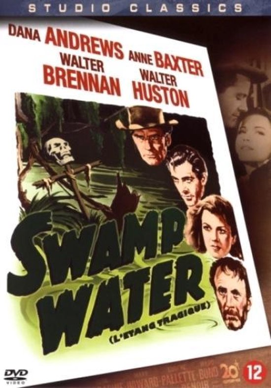 Filmposter voor 'Swamp Water' met gezichten van Dana Andrews, Anne Baxter, Walter Brennan, Walter Huston en een skelet.