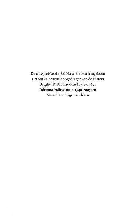 Pagina met tekst over de trilogie 'Hemel en hel', 'Het verdriet van de engelen' en 'Het hart van de mens', opgedragen aan zusters.