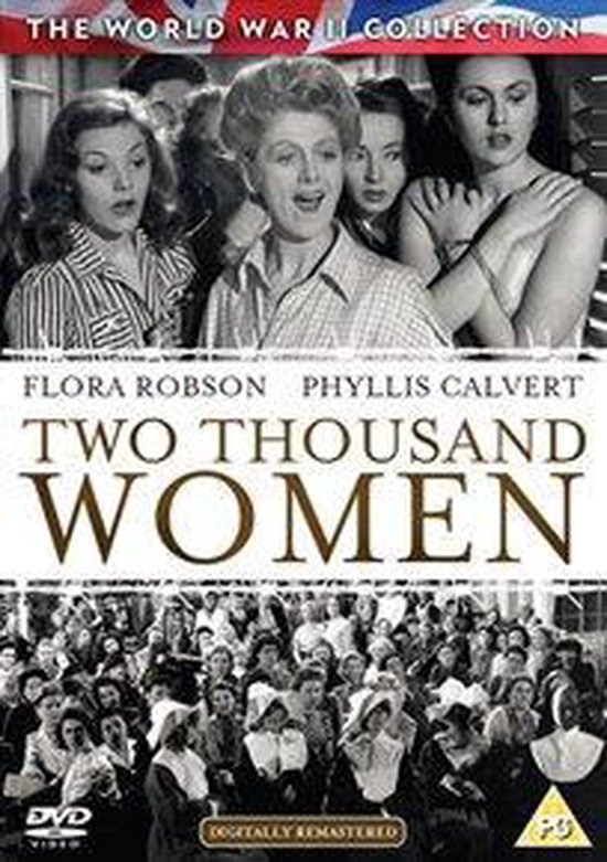 DVD-hoes met Flora Robson en Phyllis Calvert voor 'Two Thousand Women'. Een menigte vrouwen in de achtergrond.