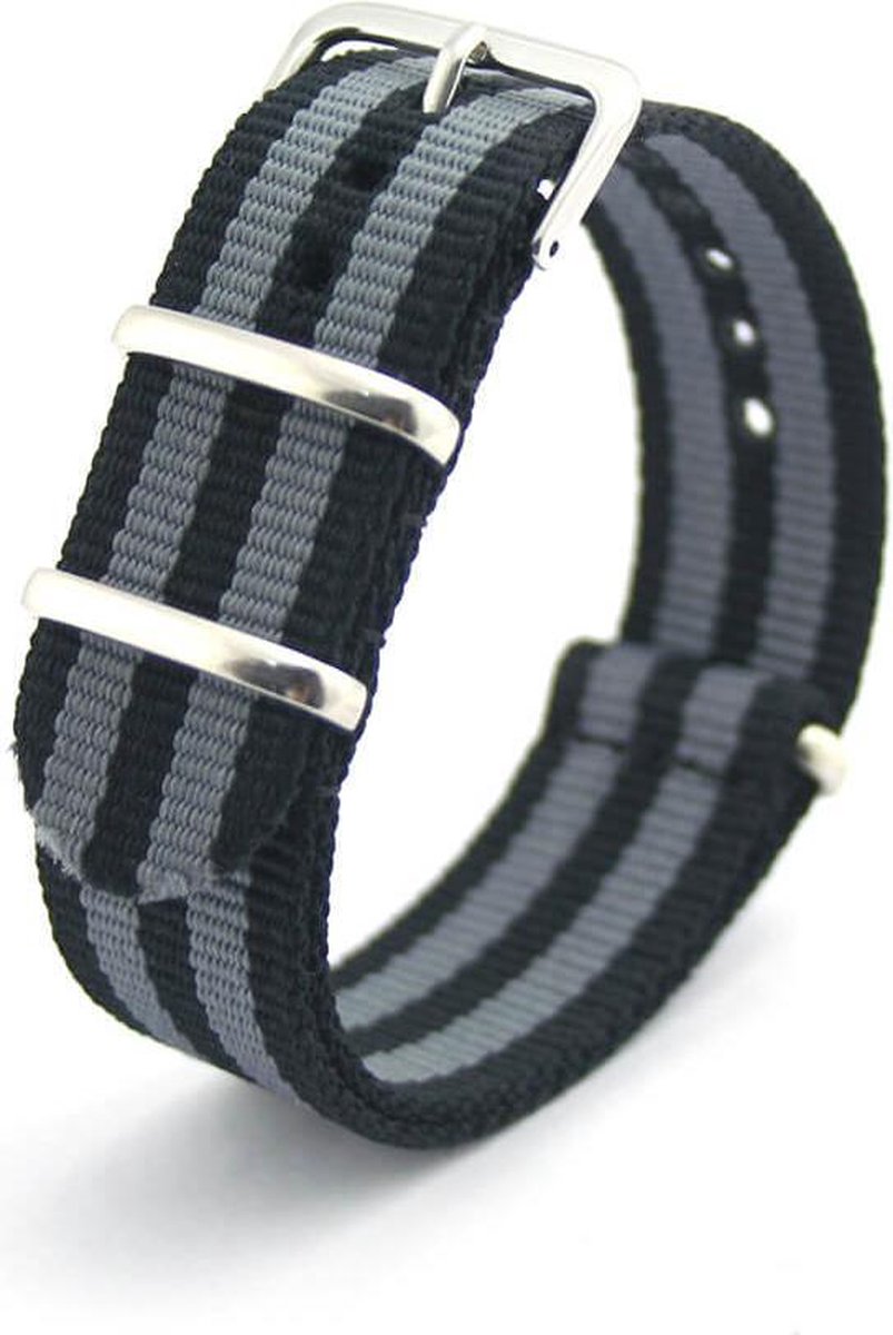 Premium James Bond - Nato strap 24mm - Stripe - Horlogeband Zwart Grijs