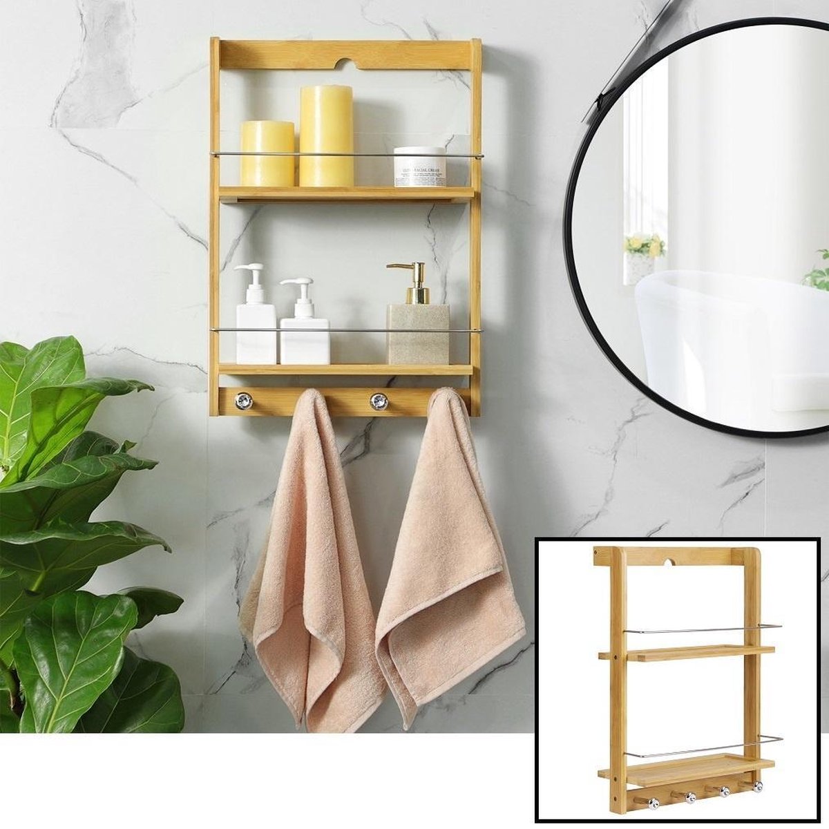 Decopatent® Hangend badkamerrek van bamboe hout - 2 legplanken en 4 handdoekhaakjes - Handdoekenrek - Handdoekenhouder - Wandrek
