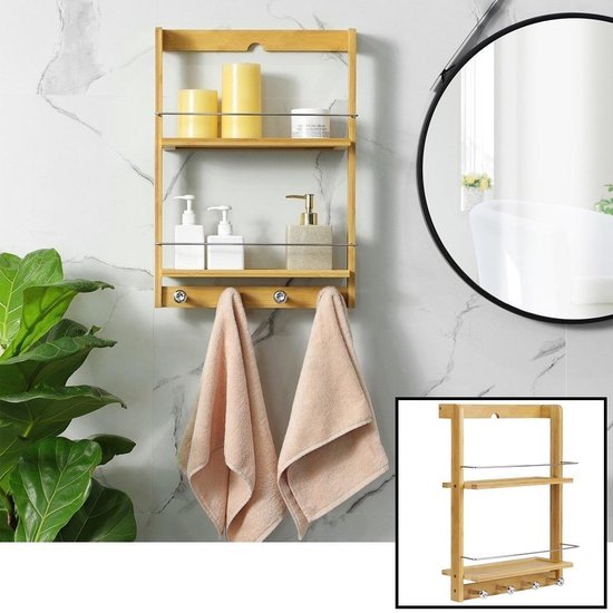 Begin Geven geestelijke gezondheid Decopatent® Hangend badkamerrek van bamboe hout - 2 legplanken en 4  handdoekhaakjes -... | bol.com