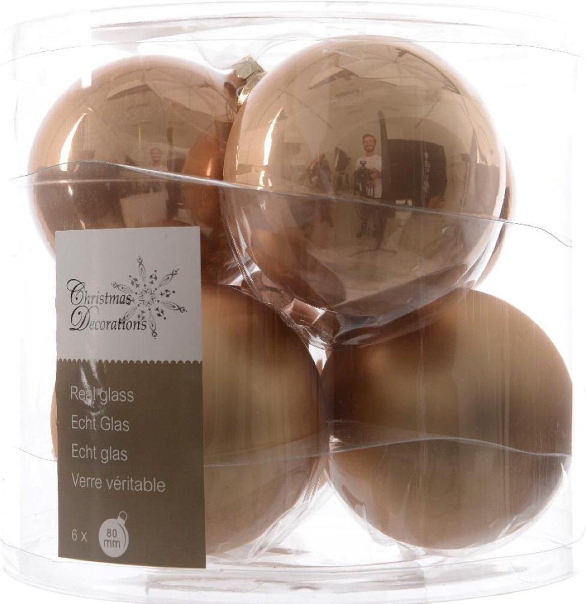 6 stuks Kerstbal glas emaille-mat/80mm/cafe latte