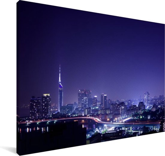 Skyline nocturne de la ville japonaise de Fukuoka Toile 90x60 cm - Tirage photo sur toile (Décoration murale salon / chambre) / Villes asiatiques Peintures sur toile