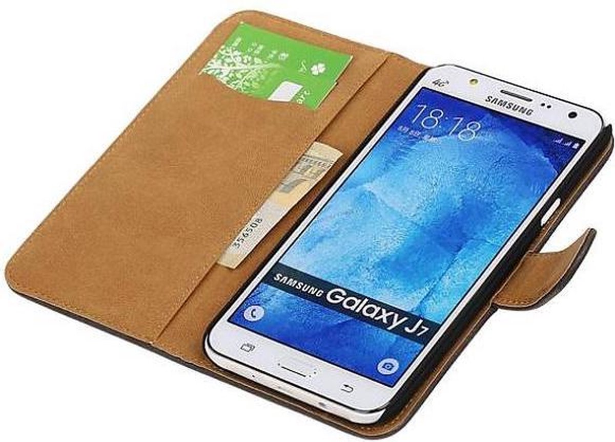 Hout Bookstyle Hoes Geschikt voor de Samsung Galaxy J7 Grijs