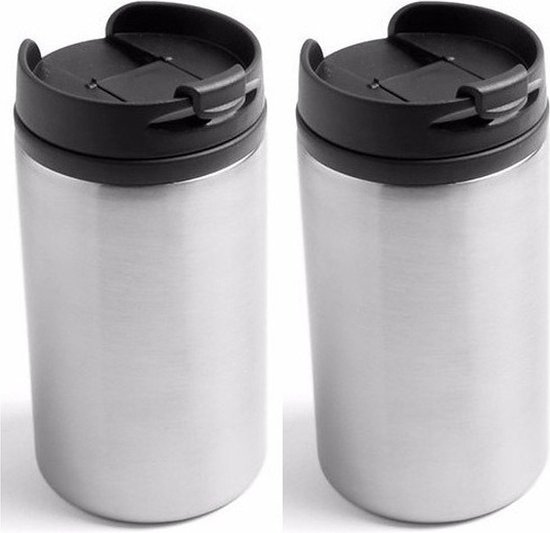 2x Warmhoudbekers/warm houd bekers metallic staal grijs 320 ml - RVS Isoleerbekers/thermosbekers voor onderweg