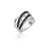 Jewels Inc. - Ring - Meerdere banen gezet met zwarte Zirkonia Stenen - 12mm Breed - Maat 60 - Gerhodineerd Zilver 925