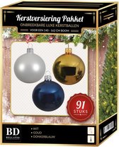Kerstbal en piek set 91x goud-wit-donkerblauw voor 150 cm boom - Kerstboomversiering